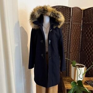 Nautica Black Navy Wool Blend Coat Toggle Buttons Faux Fur Detachable Hoodie